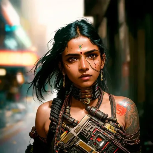 Prompt: beautiful cyberpunk indian female, hyper detail, cinematic lighting, black hair, neon light city, 4k, trending on artstation, pixiv, perfect detail, Jeremy Mann, Rutkowski, and other Artstation illustrators, intricate details, face, full body portrait, headshot, illustration, UHD, 4K, high resolution face, detailed face, high definition eyes, detailed eyes