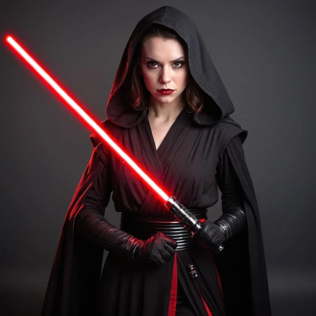 Prompt: woman in a black dress with a red light saber, wearing black sith uniform, wearing black sith robes, female jedi, with lightsaber sword, star wars film look, with light-saber, jedi with light saber, ww 1 sith sorcerer, sith, by Jason Felix, holding a red lightsaber, lightsaber katana, sith lord