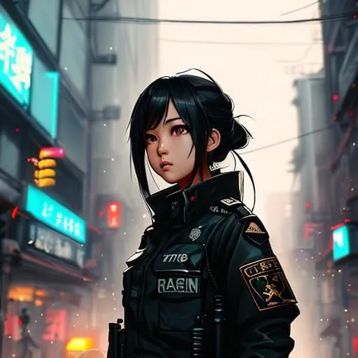 Prompt: female street rat, asian, anime illustration, digital painting, modern dystopian, grunge style, scatter debris, soft lighting bokeh, sharp focus, perfect composition, ultra detailed, trending on artstation, pixiv, trending on Instagram, nightfall, 8k, robotic police army, ssao, 