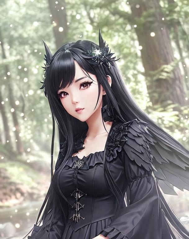 Prompt: Miyoung, black gothic dress, black boots, black fairy wings,  dim lights, shiny skin, anime character, wavy  black hair with green tips, highly detailed, nightfall, anime face, sharp focus, character design, wlop, dark forest, artgerm, kuvshinov, character design, unreal engine, beautiful forest, realistic and natural, cosmic sky, detailed full-color, nature, hd photography, fantasy by john stephens, galen rowell, david muench, james mccarthy, hirō isono, realistic surrealism, elements by nasa, magical, detailed, light glowing bugs, hyperrealism