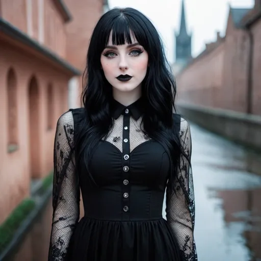 Prompt: goth girl, pale skin, heavy freckles, Goth makeup, BREAK, city, rain, night, maxi slit dress, gothic clothing, mesh clothing, vibrant rimlight, dark theme, low light, fishnet, hand behind head, blunt bangs, confident smile, from below, minimalistic clothing design, black lace dress