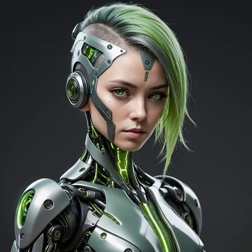 Prompt: full body portrait android female cyborg, gray metallic skin, green hair, hair covers on one side of the head, black metal, aperture iris, glowing green iris, cybernetic lines across the face, high detail, unique face, asymmetrical hair, panel lines, cell shading, short hair, flowing hair, sharp angles, short ponytail, birthing sides, covered ears, (best quality, flat colors, simple background, Roboticizer),