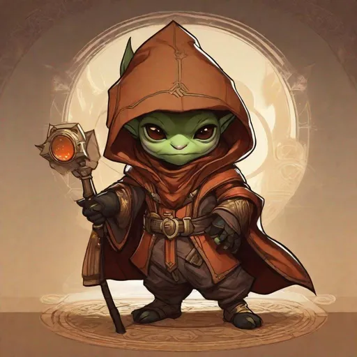 Prompt: cartoon character of a goblin dressed in a hoodie, style of starfinder, cultist, starfinder character, advanced digital chibi art, concept art of a monk, from pathfinder, evil alchemist gnome, hooded cloaked sith lord, starfinder style, wearing fancy brown jedi robes, sith sorcerer, teemo, brian kesinger, character art of maple story