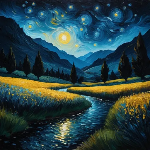 Prompt: score_9, score_8_up, score_7_up, score_7, score_6_up, an oil painting of fantasy in heat, silhouette on Hidden valley, style of van gogh, starry night vibes, expressionism, gloomy, dark tones, unforgettable, dark fantasy, fantasy, emotional depth. (vibrant masterpiece, (8k1.5), UHD, very detailed, high-quality, best artist, sharp edges, detailed textures, full view, atmospheric lighting, stunning visuals)