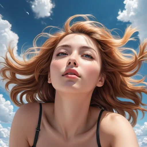 Prompt: <lora:AnimeInked:1.0> <lora:SuperHyperrealism:1.0> top-down upper body shot of a woman laying in the sky miles-high with a curious expression, hair blowing in the wind, HDR, photorealistic 2.5D anime illustration, CGSociety, DSLR, broad color spectrum, gorgeous lips