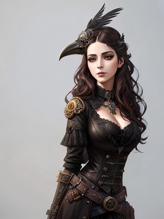 Prompt: steampunk female anthropomorphic crow, black plague mask  Artstation illustrators, intricate details, face, full body portrait, dim light, illustration, UHD, 4K