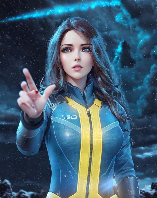 Prompt: hd photograph of a pretty women with long brown way hair, frozen, lifeless, chilled, blood coming from middle of the forehead, wearing a vault suit from fallout, in the style of ilya kuvshinov, dramatic lighting, fantasy, intricate, elegant, highly detailed, lifelike, photorealistic, stormy green radiation clouds background, digital painting, bokeh, hdr, high resolution, artstation, concept art, smooth, sharp focus, art by krenz cushart and albert aublet