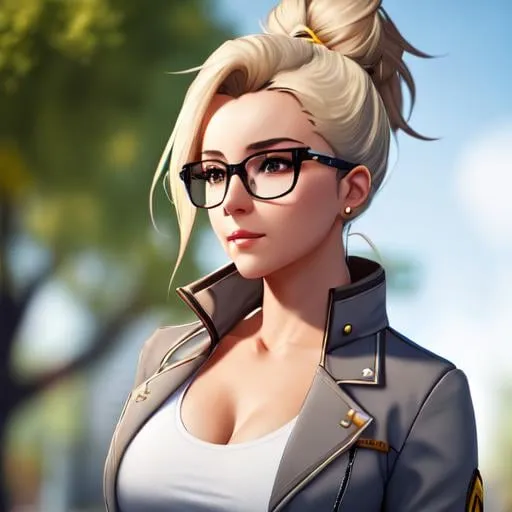 Prompt: Mercy from Overwatch in a messy blonde bun, fit, wearing glasses, in a grey shirt with white doctor's coat and wear brown tight pants, highly detailed, at a park, full body, soft lighting, realistic, 8K, unreal engine 5, close up