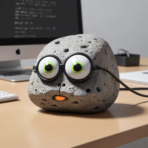 Prompt: a realistic pet rock, in the style of illusory hyperrealism, small white googly eyes glued on head, bold, wired neon attachment on side rock, black lines, digital as manual, data visualization, on leash, on a desk