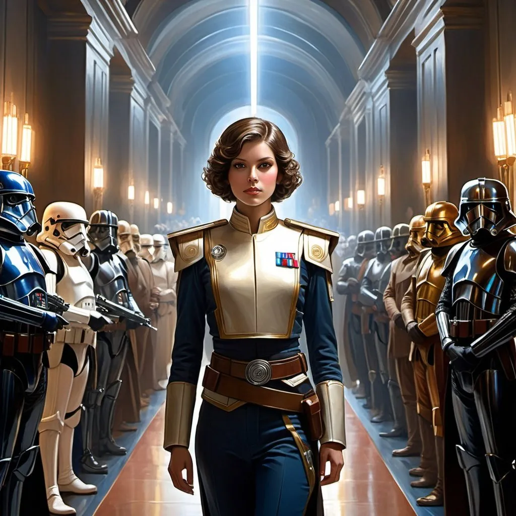 Prompt: A beautiful portrait of Ellian Zahra dressed as Empire General in Star War artstyle, holding energy vibroblade in metal dark hallway, slick short brown hair, blue eye, front of crowd of people, a stunning Donato Giancola's masterpiece by Anders Zorn and Joseph Christian Leyendecker