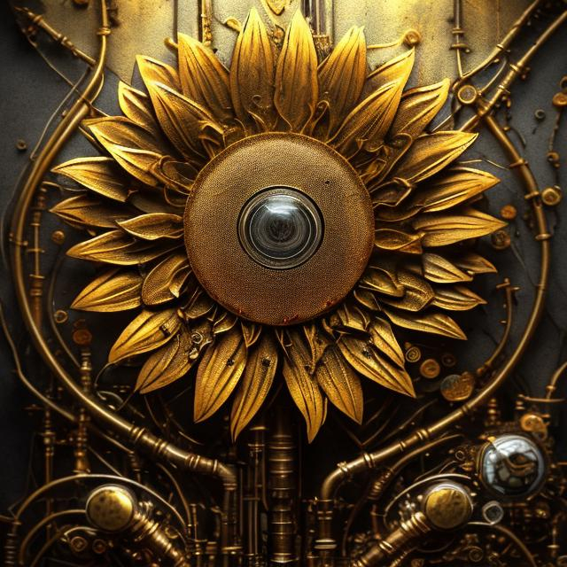 Prompt: steampunk sunflower, gold leaf, gold veins in background, super detailed, ultra realistic, high detail, sci fi, heaven,  trending on artstation, concept art, painterly style, symmetrical
steampunk sunflower, cyberpunk, hyperrealistic, photo realistic, cinematic lighting, octane render --ar 16:9