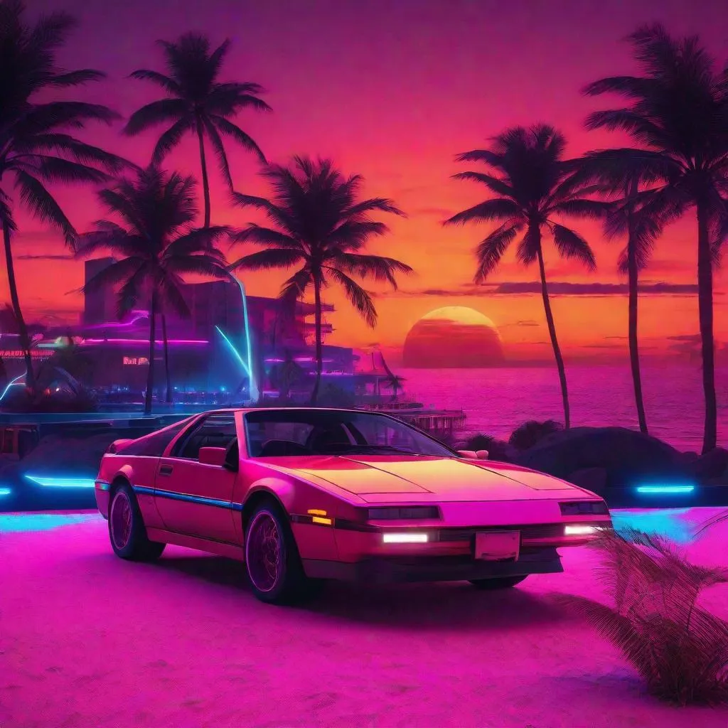 Prompt: Pontiac Fiero, synthwave, aesthetic cyberpunk, miami, coastal highway, dusk, neon lights, beach background. sundown, palm trees, beach lounge chairs,  synthwave colors, 8k 