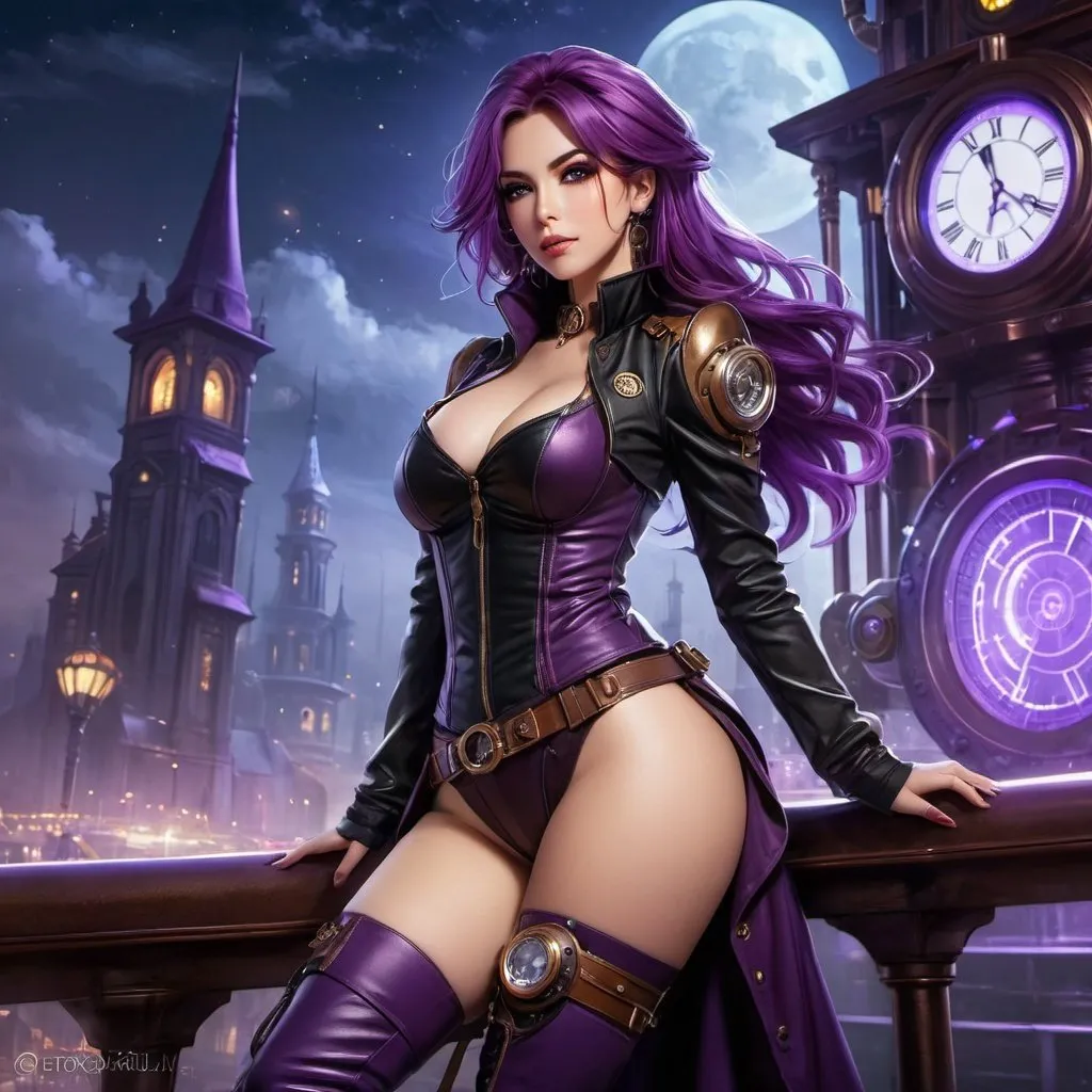 Prompt: 1girl, steampunk, hypnotic+, brown eyes++, purple hair, long hair, mesmerizing, staring, dominant++, charming++, pullover, night, long sleeves, expressive eyes+++, looking at viewer, cyberpunk+++, boots, mature+++, harshmuscular female,best quality,masterpiece