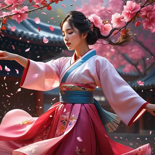 Prompt: confetti of rose of Sharon petals raining down, digital painting of a beautiful young Korean woman, dancing, hanbok is crafted with waves and layers of fabric, creating a sense of movement and depth, fall season, confetti of rose of sharon blossoms, artstation, 8k, extremely detailed, ornate, cinematic lighting, rim lighting, dancing pose