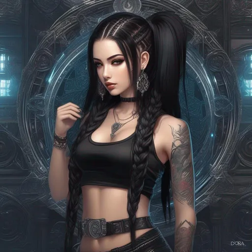 Prompt: a drawing of a woman with long black hair, cyberpunk art, pixiv, gothic art, wearing a cropped black tank top, pigtail braids, very beautiful goth top model, tattooed female figurative on top on large speaker, digital painting by dora art, in the style of intricate, fantastic grotesque, detailed character illustrations, pensive stillness, chromepunk, fantasy characters, digital illustration --ar 51:64 --s 750 --niji 5
