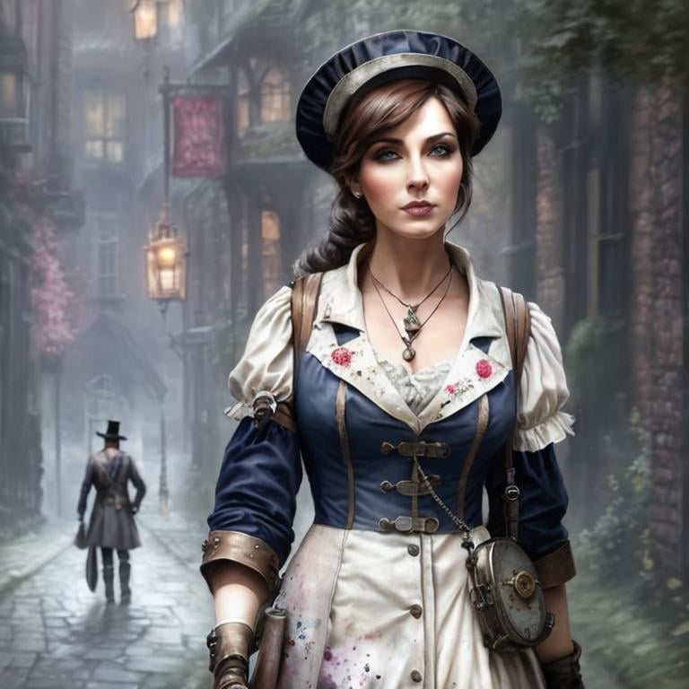 Prompt: A stunning watercolor impressionist painting of steampunk gothic nurse walking cobble road around United Kingdom, The painting is rendered in HDR, DTM, full HD, and 8K resolution, with ultra-detailed brushwork that captures every nuance and detail of the character's iconic suit and features.