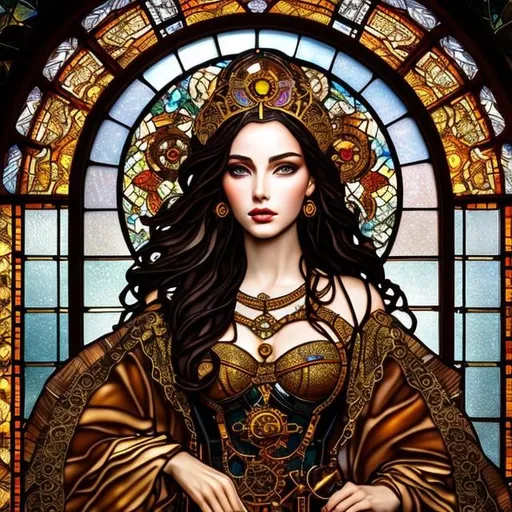 Prompt: stained glass art of steampunk goddess, mosaic-stained glass art, stained-glass illustration, close up, portrait, concept art, (best quality, masterpiece, ultra-detailed, centered, extremely fine and aesthetically beautiful, super fine illustration), centered, epic composition, epic proportions