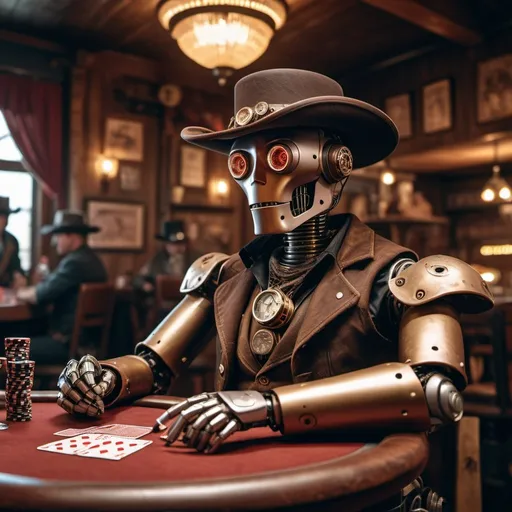 Prompt: A detailed portrait of a robot playing poker in a steampunk classic western saloon, complete with cowboy hats and revolvers, RAW photo, 8k uhd, dslr, high quality, Fujifilm XT3