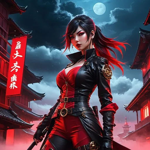 Prompt: a steampunk female assassin ninja in red and black ninja outfit, at night, black and red buildings , dark foggy sky, cyberpunk, neon fluorescent light, dynamic color palettes, red sky, red clouds, red moon, ominous weather, raining, anime inspired, hybrid art, (hyperrealism:0. 5)