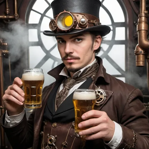 Prompt: a close up of a person wearing a hat and holding a glass of beer, steampunk aesthetic, steampunk imagery themed, steampunk style, steampunc, steampunk art, steam-punk, steampunk engineer, steam punk style, steam punk party, high quality steampunk art, steampunk fantasy style, steampunk acessoires, steampunk cyberpunk, steampunk digital art, steampunk fantasy, wearing steampunk attire