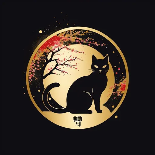 Prompt: bright particles, simple round modern logo incorporating a cat silhouette, darkness, gloom, dripping golden blood, delicate lines, golden cherry blossom tones, Japanese aesthetic, explosive bright particles in the form of sparks of light, simple illustration, English text, written on gold collar