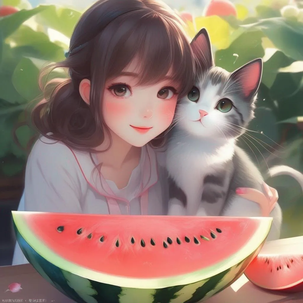 Prompt: anime girl eating a slice of watermelon with a cat nearby, cute detailed artwork, cute art style, material is! ! ! watermelon! ! ! , by Yang J, adorable digital painting, anime illustration, cute anime, by Kubisi art, by Eizan Kikukawa, lofi art, artwork in the style of guweiz, cute anime cat girl, lofi girl