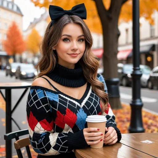 Prompt: solo,outdoors,cafe,coffee mug,cable knit sweater,argyle,neck tuft,slight smile,elbow rest,autumn leaves,city street, black thighhighs, hair bow