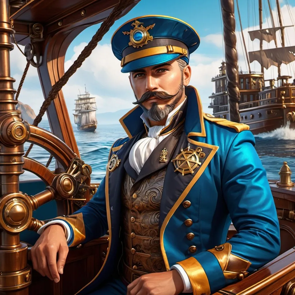 Prompt: steampunk boat captain, splash art, front, wearing body accessories, epic Instagram, artstation, hyperdetailed intricately detailed , unreal engine, fantastical, intricate detail, splash screen, complementary colors, fantasy concept art, 8k, deviantart masterpiece, oil painting, heavy strokes, splash arts