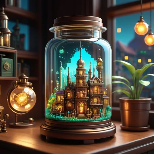 Prompt: A jar encapsulating a fantastical steampunk city realm, pixel art style, high saturation, vibrant hues of an enchanting landscape contained within glass, steampunk, metal creatures visible through the transparency, forged of metal elements, depth illusion created by pixel gradient, ambient occlusion for a tactile feel, pixel-perfect illumination, 8-bit charm, ultrafine details, nostalgic aesthetic.