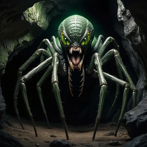 Prompt: Full body photo of a scary alien creature that looks like a humanoid spider with venom coming out from its mouth emerging from a dark cave, green deadly eyes, horror, dark, intricate design and details, dramatic lighting, photorealistic, cinematic, 8k, cinematic noise --ar 9:16 --v 5, prompt saving