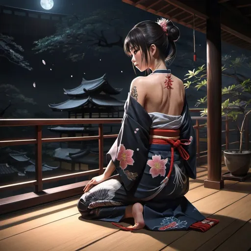 Prompt: 1girl, Japanese, kimono, bare back, carp tattoo on back, samurai, bare shoulders, on a balcony, lily hairpin, (kneeling), Asian, bangs, dark theme, low light, (in a dojo), bioluminescent, gojo, water aura