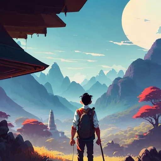Prompt: there is a asian samaru with a large blade on back looking at a mountain, atey ghailan 8k, ross tran. scenic background, artgerm and atey ghailan, concept art | rhads, looking at the mountains, andreas rocha style, ilya kuvshinov landscape, by sylvain sarrailh, inspired by Atey Ghailan, traveling through dark forest
