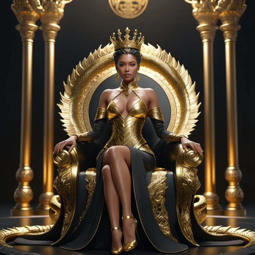 Prompt: A very beautiful queen sitting on a black throne made of gold, with a serpent-dragon like elements and design, intricate details, dramatic lighting, hyperrealism, photorealistic, cinematic, 8k, unreal engine --ar 9:16 --niji 5 --style expressive --s 180