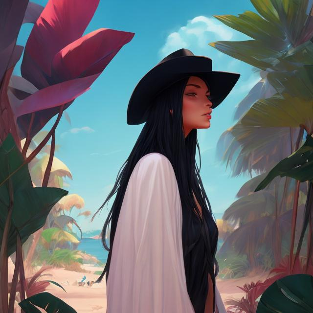 Prompt: there is a woman wearing a black hat and a black cape, inspired by sylvain sarrailh, trending on artstation, tropical vibe, boho chic | | very anime!!!, streaming on twitch, inspired by Dorothy Hood, magali villeneuve', blessing palms, beach aesthetic