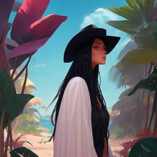 Prompt: there is a woman wearing a black hat and a black cape, inspired by sylvain sarrailh, trending on artstation, tropical vibe, boho chic | | very anime!!!, streaming on twitch, inspired by Dorothy Hood, magali villeneuve', blessing palms, beach aesthetic