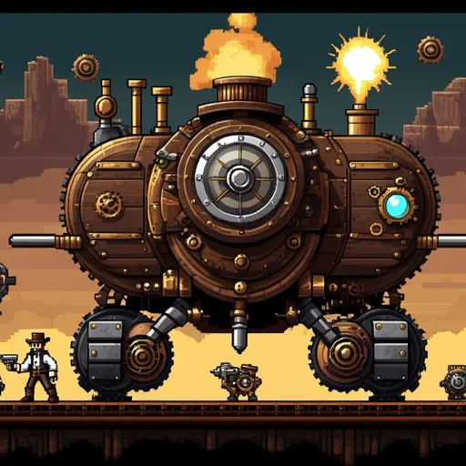 Prompt: steampunk, pixel art, fast paced action thrilled shoot em up 2d platform gameplay, western style