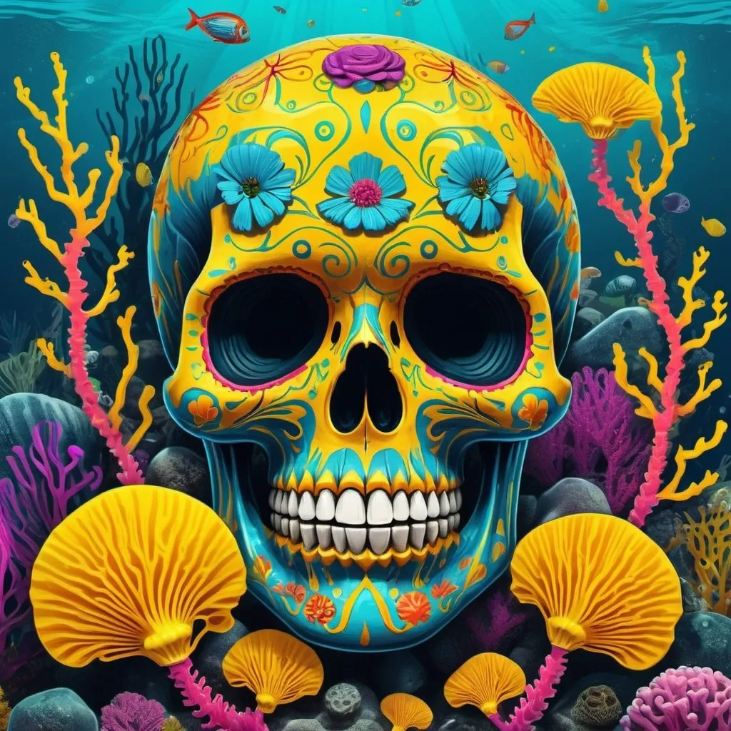 Prompt: A stunning calavera in an underwater world with yellow seaweed, painted in a playful pop art style with bold lines, fun, colorful, retro, and graphic, with intricate details in 8k resolution, 8k resolution, minimalist illustration, concept art, realistic, artstation, vintage show promotional poster