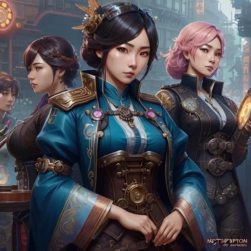 Prompt: steampunk asian kpop idol group, highly detailed, digital painting, artstation, hyperrealistic, sharp focus, illustration, art by artgerm and greg rutkowski and alphonse mucha, 8k, pretty eyes, award-winning cgi, blender, headshot