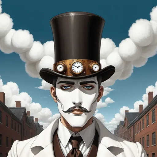 Prompt: steampunk anime man with huge white top hat, in the style of Rene Magritte.