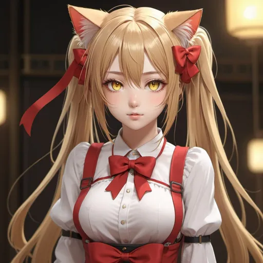 Prompt: <lora:My LORA:0.7> Himeko, very long hair, red eyes, hair bow, twin_drills, twintails, long hair,cat ears, yellow cat ears,<lora:ParDet-Col:0.5>,, (((masterpiece))), (((best quality))), (((illustration))), (((finely detail))), ((extremely detailed cg unity 8k wallpaper, highres)), (beautiful detailed face and eyes and hair:1.1), (an extremely delicate and beautiful girl:1.2), ultra-detailed, ultra high res, high quality, 4K, extremely delicate and beautiful, full_body, standing, in full growth, hourglass waist