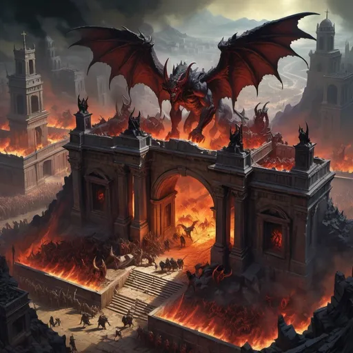 Prompt: Isometric landscape, the gates of a besieged city, crumbling under the onslaught of demonic hordes led by a colossal, winged demon lord, desperate defenders amidst the chaos, Diablo 4, painting, gritty realism, flashes of magic.