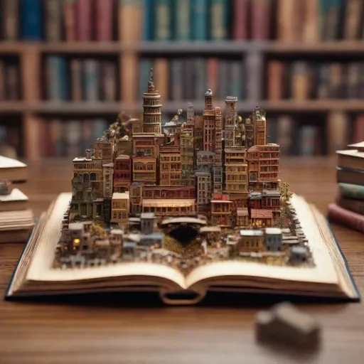 Prompt: [open book on table/miniature city rises from pages/ultra detailed city with buildings,streets/(1.0)] [buildings made of tiny sprockets and gears/springs/metallic/multi colored (0.9)] [wooden table/library/bookshelves/soft focus background (0.8)] wide shot [ultra high resolution 8k quality "highly detailed image" (0.7) ]"