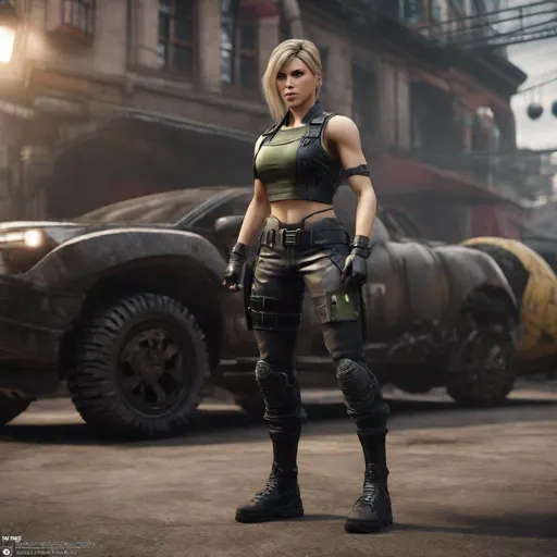 Prompt: full body shot, Sonya Blade from Mortal Kombat, cyberpunk, outdoor, street, by Sakimichan, hyperrealism, photorealistic, 8k, unreal engine, 3d render --ar 9:16 --niji 5 --style expressive --s 400