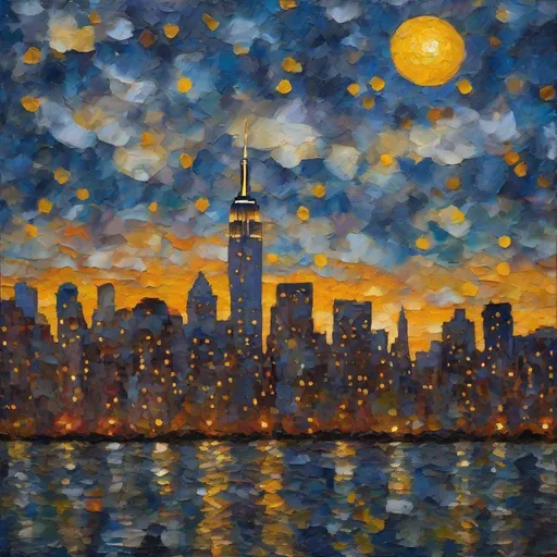Prompt: A nightfall at New York City, Low Angle Shot, abstract art, starry night, moonlight, cloudy, Maurice Prendergast, sunset, award, a passionately vibrant interpretation, summer, Dramatic Lighting --v 5. 2 --style raw --s 750 --ar 9:16 --q 2