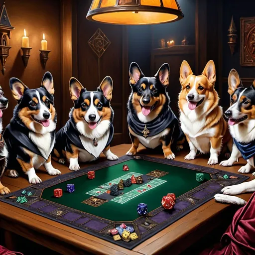 Prompt: UHD, 8K, Very Detail, masterpiece, ,high quality, oil painting of multiple dogs playing a game of Dungeons and Dragons around a table, black corgi wearing a wizard robe and hat, detailed, visible faces, visible eyes, visible features, detailed faces, detailed eyes