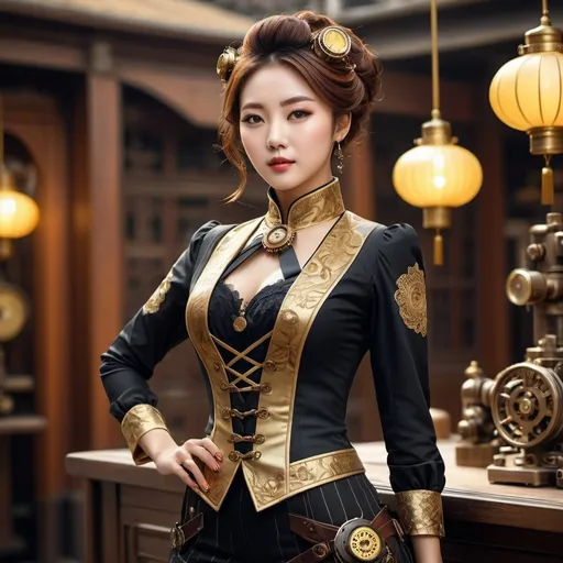 Prompt: Steampunk style a woman in a spy posing for a picture with her hands on her side and her hands on her pockets, updo hair, Du Qiong, yellow, rococ, best quality,masterpiece,(realistic, realistic skin texture, photo-realistic:1.4),amazing,finely detailed,incredibly absurdres,ultra-detailed,highres,ray tracing, bloom, bokeh, (korean beauty, korean mixed:1.2), kpop idol, korean goddess, Antique, mechanical, brass and copper tones, gears, intricate, detailed