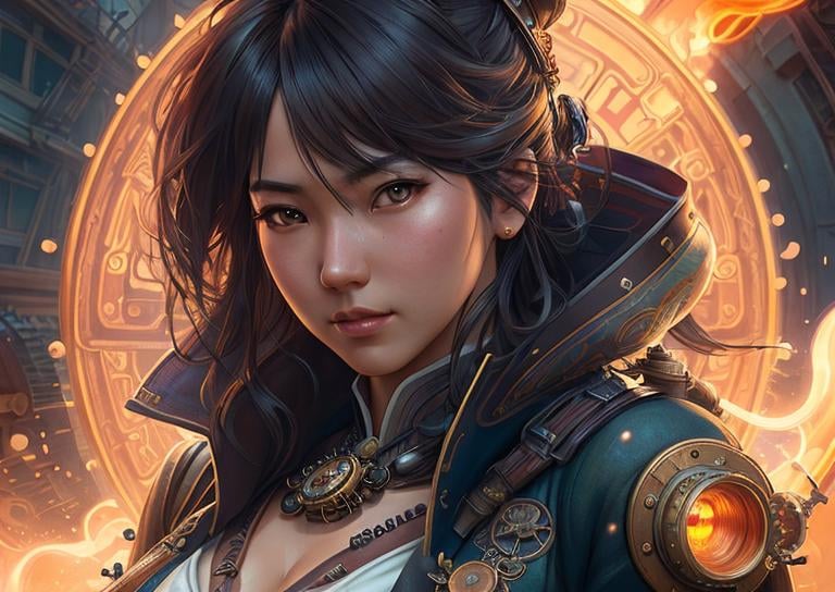 Prompt: steampunk asian, highly detailed, digital painting, artstation, hyperrealistic, sharp focus, illustration, art by artgerm and greg rutkowski and alphonse mucha, 8k, pretty eyes, award-winning cgi, blender, headshot