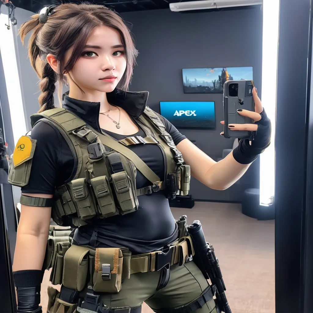 Prompt: there is a woman taking a selfie in a mirror, ammo belt, wearing an ammo belt, wearing tactical gear, loba andrade from apex legends, lara croft, quiet from metal gear solid, military outfit, dressed in tactical armor, post apocalyptic attire, soldier outfit, tactical vest, military vest, streaming on twitch, cyberpunk outfit, tactical gear, revy black lagoon, portrait of a goth cosplayer, guweiz on artstation pixiv