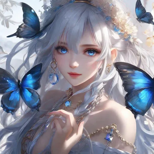 Prompt: masterpiece++, ultra-detailed++, pixiv++, best shadows++, best lighting++, best quality++, cinematic shot, rim lightning, 1girl, jewelry, solo, blue eyes, hair ornament, looking at viewer, ring, braid, bangs, blue nails, flower, blue butterfly, earrings, white hair, hair between eyes, blue flower, butterfly, parted lips, nail polish, bug, long hair, butterfly hair ornament, hair flower, hat, blush, crossed bangs, blue theme, portrait