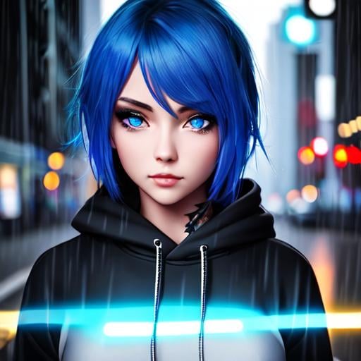 Prompt: SamDoesArt, a girl, blue hair, blue eyes, black hoodie, piercing, tattoos, day, raining, cars, city, HDRI, citylight glowing, masterpiece, smooth, sharp focus, illustration, golden ratio, wet